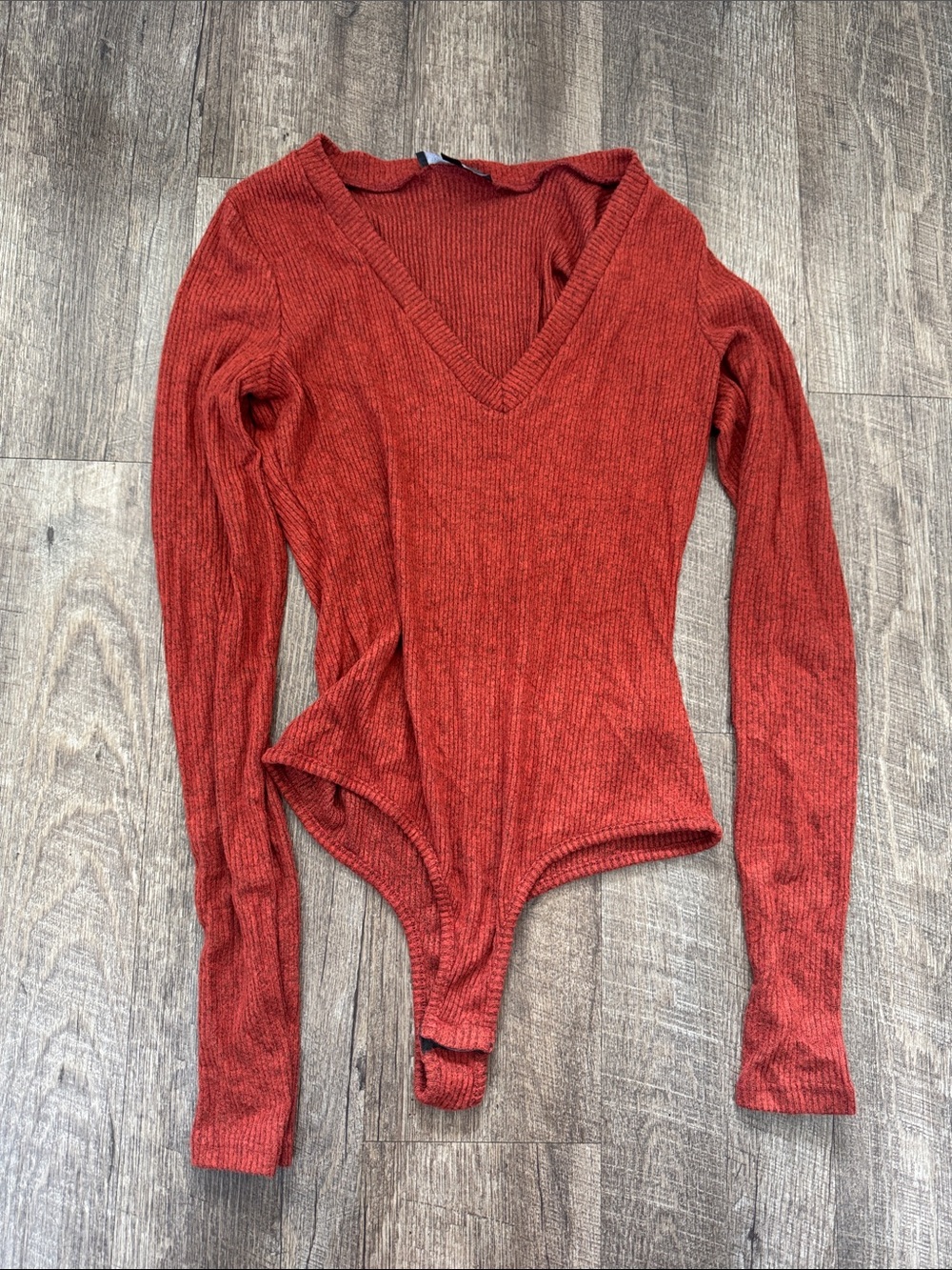 Lulu's Rust Red Ribbed V-Neck Long Sleeve Bodysuit